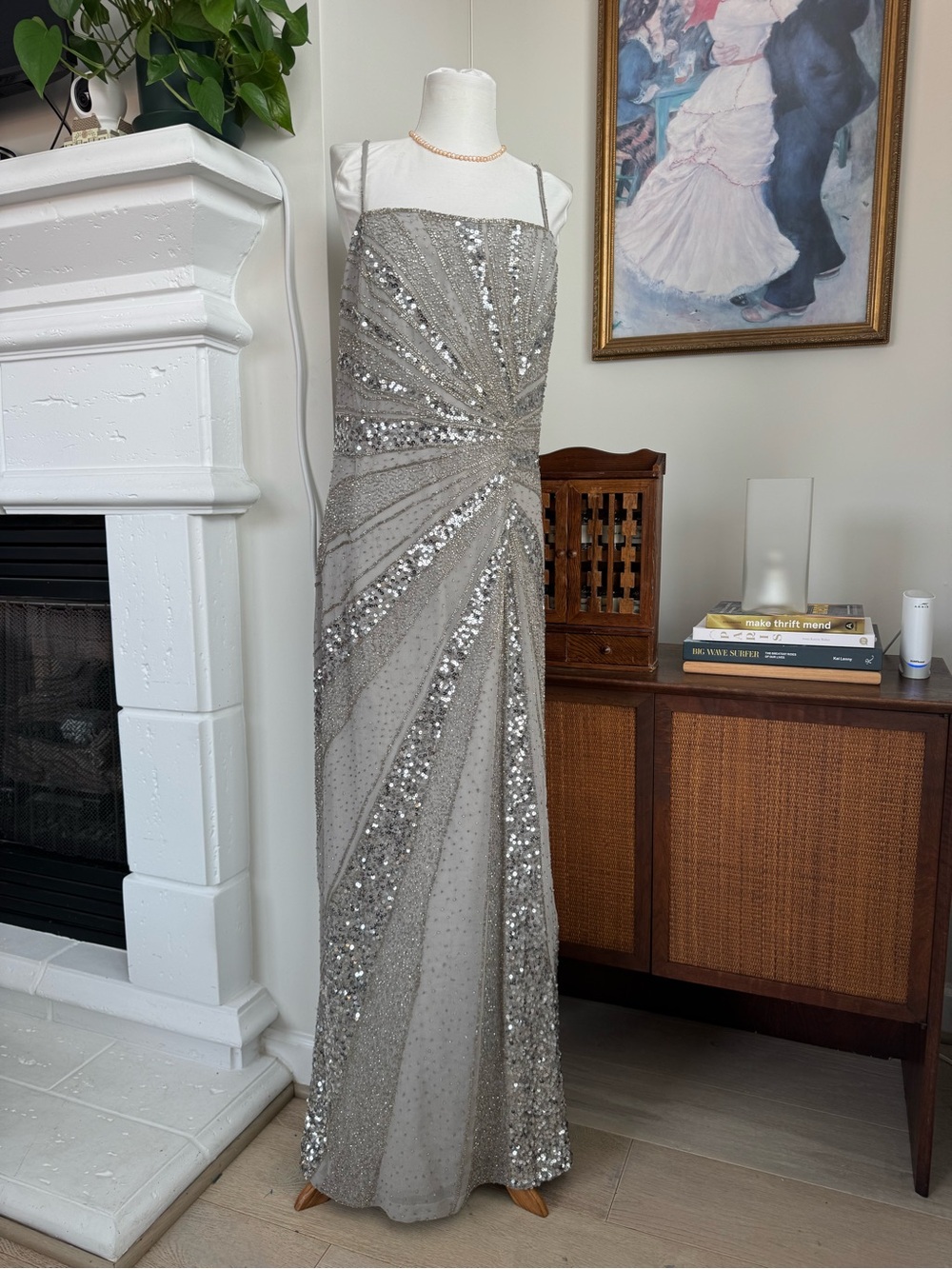 Silver Sequin Beaded Starburst Evening Gown - read description